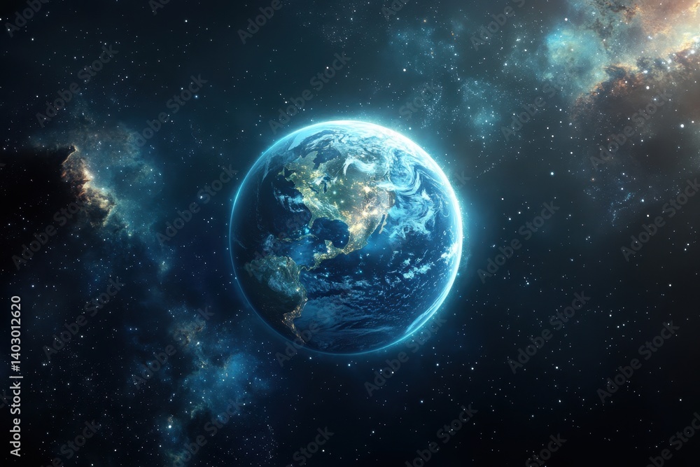 Earth floating in space viewed from afar with bright stars and galaxies surrounding it Earth floating in space viewed from afar with bright stars and galaxies surrounding it
