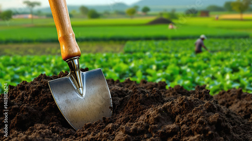 Farming Tool Shovel on Rich Soil with Endless Fields in View