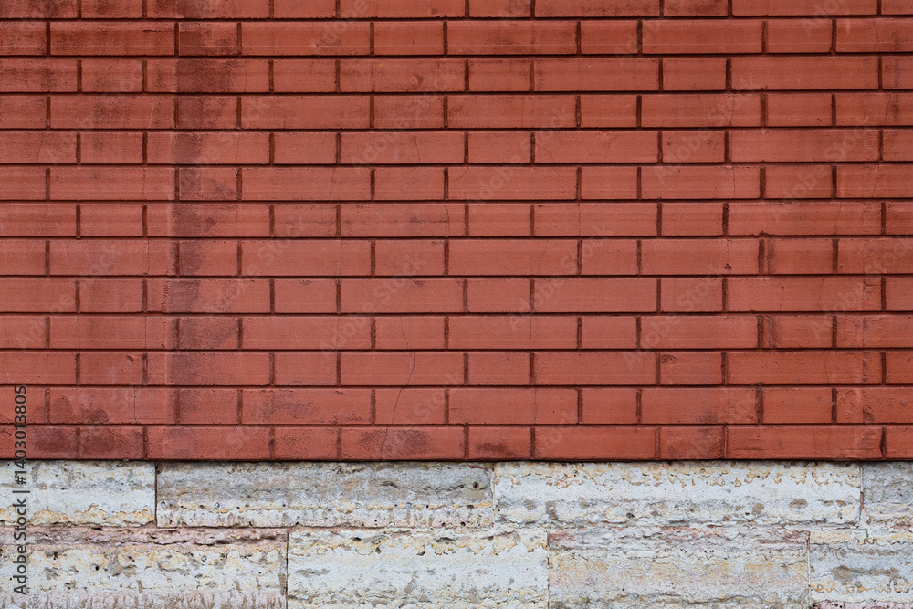 Red brick wall texture. The decorative plaster imitating a bricklaying and the socle revetted with a stone. Background brickwork.