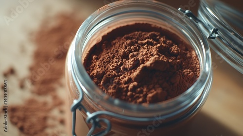 Wallpaper Mural Brown powder fills a glass jar with open lid on a surface Torontodigital.ca