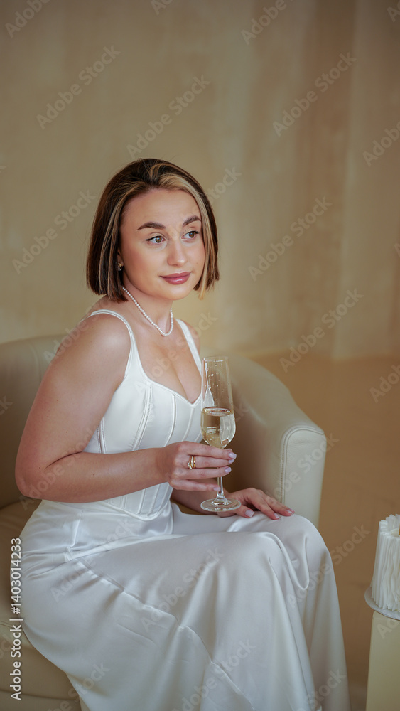 Birthday girl, young beautiful woman in festive attire posing with a glass of champagne wine