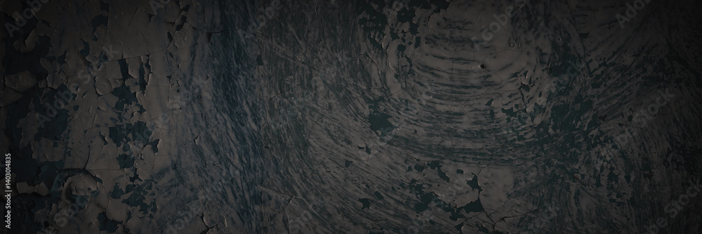 Dark wide panoramic background. Peeling paint on a concrete wall. Dark grunge texture of old cracked flaking paint. Weathered rough painted surface. Patterns of cracks. Darkness background for design. Dark wide panoramic background. Peeling paint on a concrete wall. Dark grunge texture of old cracked flaking paint. Weathered rough painted surface. Patterns of cracks. Darkness background for design.