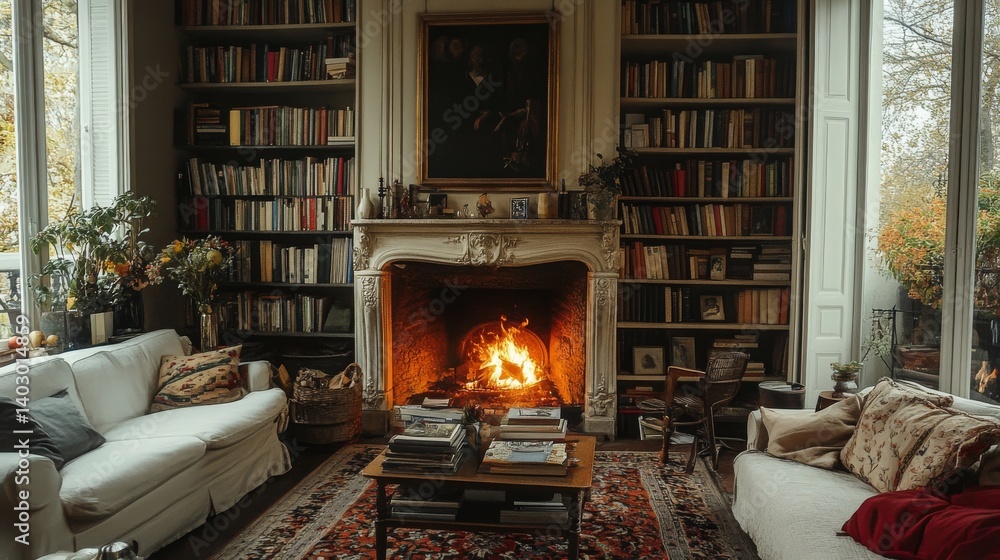Cozy Autumn Evening by the Fireplace in a Book-Lined Room Cozy Autumn Evening by the Fireplace in a Book-Lined Room