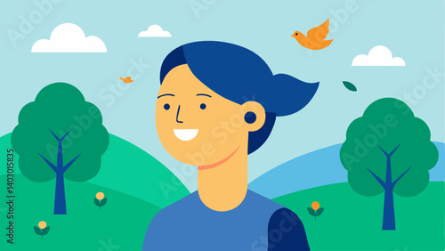 Listening in Nature A person wearing a hearing aid in a park smiling while listening to birds chirping highlighting the enjoyment of nature with enhanced hearing.