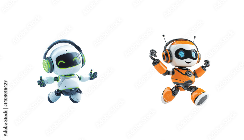 Colorful cartoon robots with headphones in different playful poses and expressions Colorful cartoon robots with headphones in different playful poses and expressions
