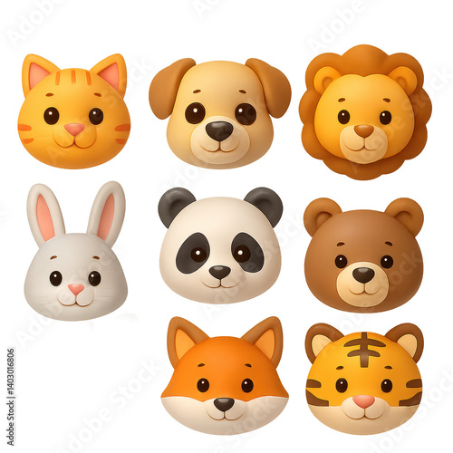 Charming 3d animal icon set: cat, dog, lion, rabbit, panda, bear, fox, tiger