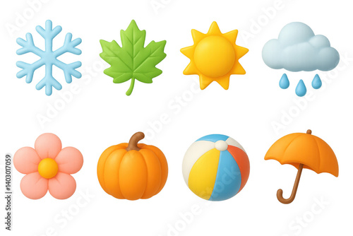 Vibrant 3d seasonal icons set: snowflake, leaf, sun, cloud, flower, pumpkin, beach ball, umbrella