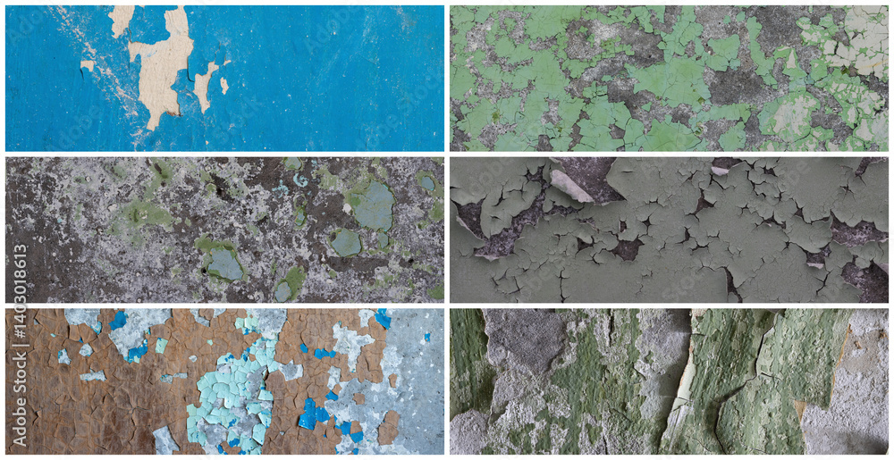Set of peeling paint textures. Old concrete walls with cracked flaking paint. Weathered rough painted surfaces with patterns of cracks and peeling. Collection of panoramic backgrounds for design.