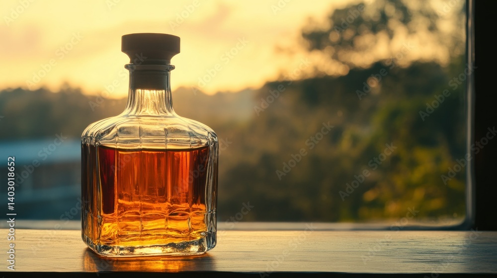 A decanter of amber liquid sits on a wooden surface A decanter of amber liquid sits on a wooden surface