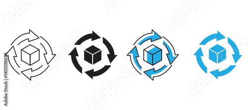 Black single rotating  cube model line icon