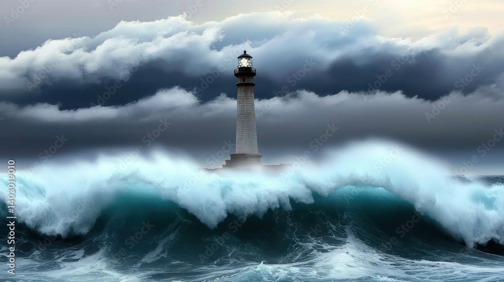Lighthouse amidst a stormy sea. A beacon of hope in turbulent waters Lighthouse amidst a stormy sea. A beacon of hope in turbulent waters