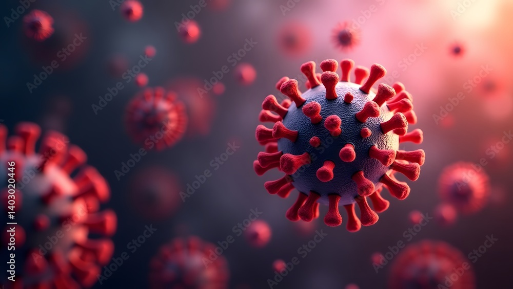 High resolution 3d render of red virus cells under digital microscope, symbolizing viral infection, pandemic crisis, and medical research in virology High resolution 3d render of red virus cells under digital microscope, symbolizing viral infection, pandemic crisis, and medical research in virology