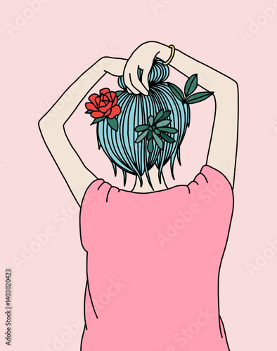 Graceful Woman with Blue Hair and Flowers Illustration
