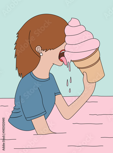 Playful Girl with Ice Cream Illustration