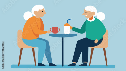 Sharing a Moment Two seniors one using a cane and the other with a walker sitting together at a café table enjoying coffee and companionship while sharing their stories.