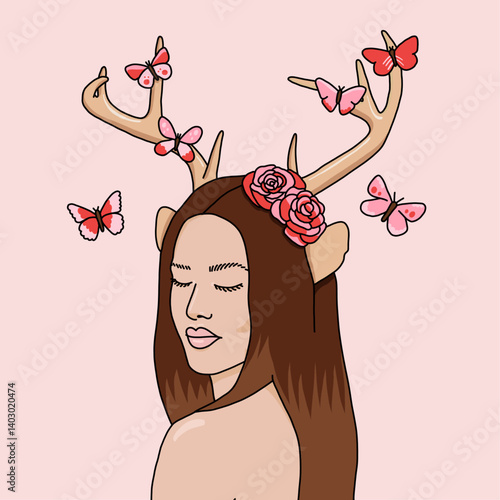 Ethereal Woman with Antlers and Butterflies Illustration