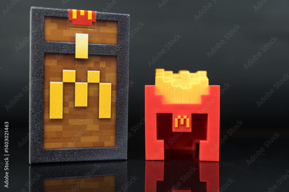 Fototapeta premium Bangkok, Thailand - April 6, 2025 : Fry Helmet Minecraft from McDonald, Toy form Minecraft blind box from McDonald's collaborates Minecraft the movice