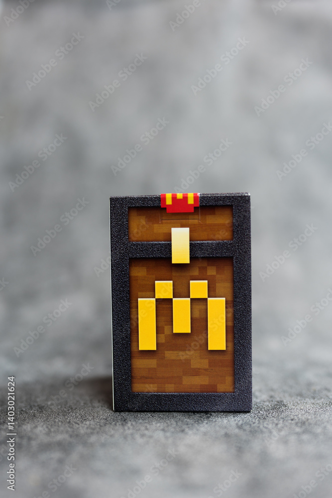 Naklejka premium Bangkok, Thailand - April 6, 2025 : Blind box toy from McDonald's collaboration with Minecraft movie limited edition.