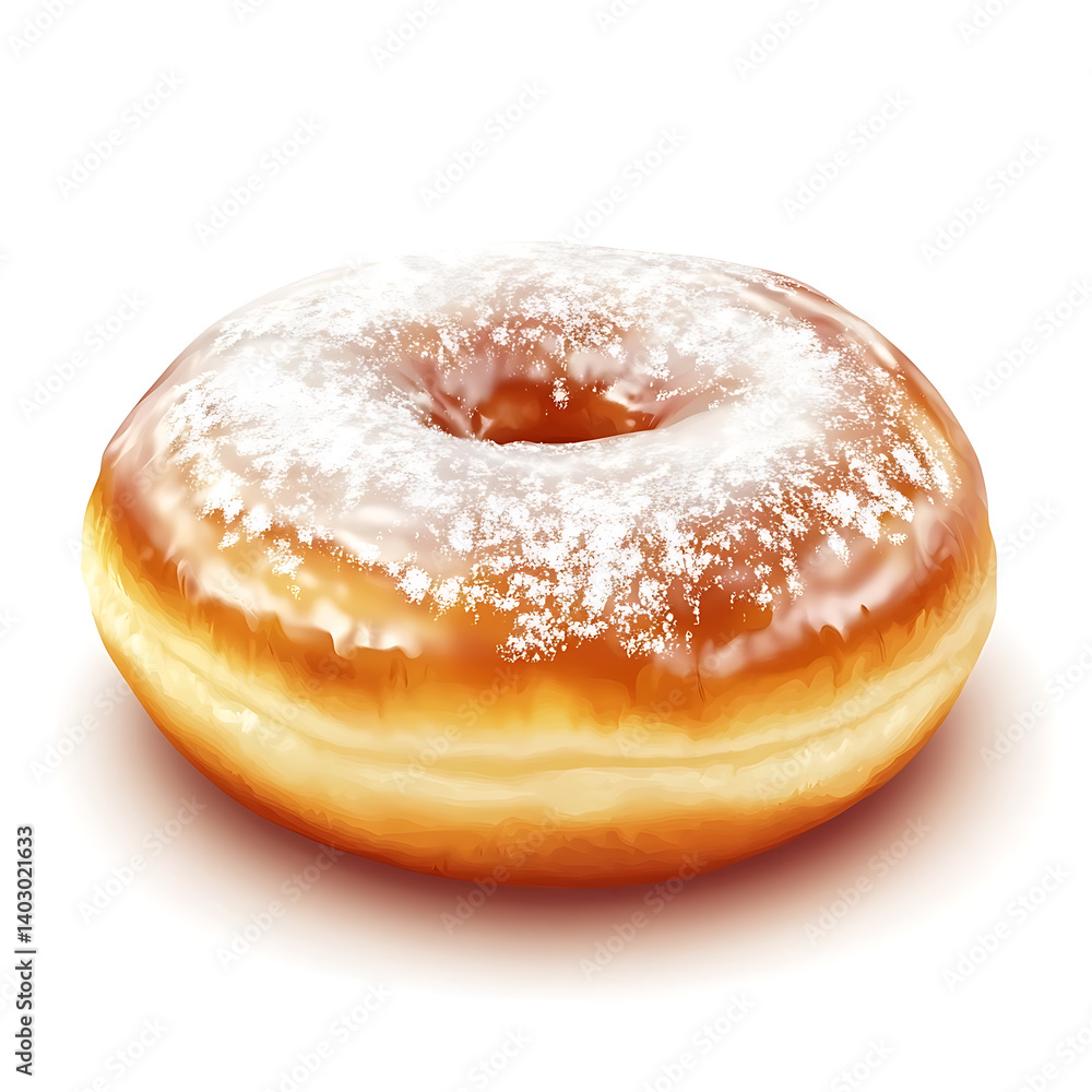 A soft and fluffy donut with a shiny glaze and powdered sugar, isolated white background, hyperrealism art style A soft and fluffy donut with a shiny glaze and powdered sugar, isolated white background, hyperrealism art style