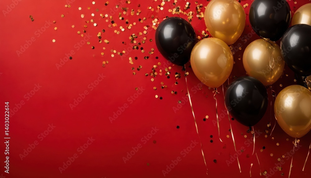 front view of black and golden balloons and confetti at the corners of plain solid red background. with empty copy space at middle front view of black and golden balloons and confetti at the corners of plain solid red background. with empty copy space at middle