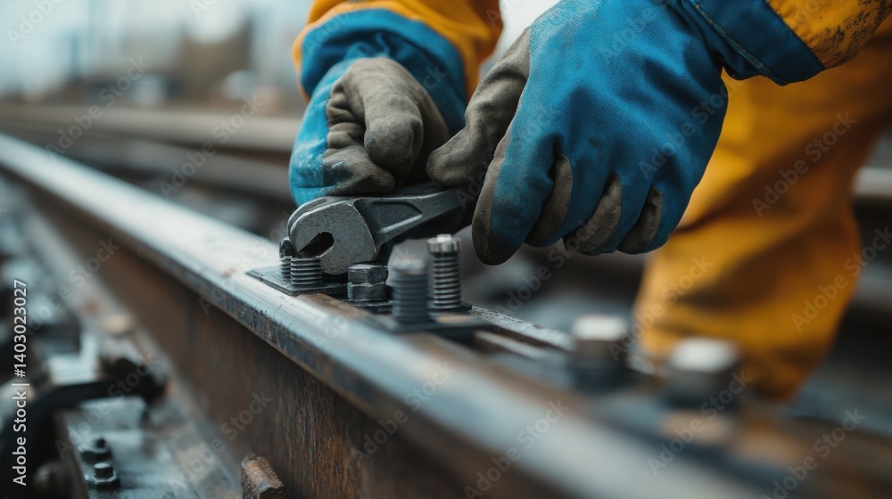 Railway technician tightening rail fastenings. Featuring strength and accuracy Railway technician tightening rail fastenings. Featuring strength and accuracy