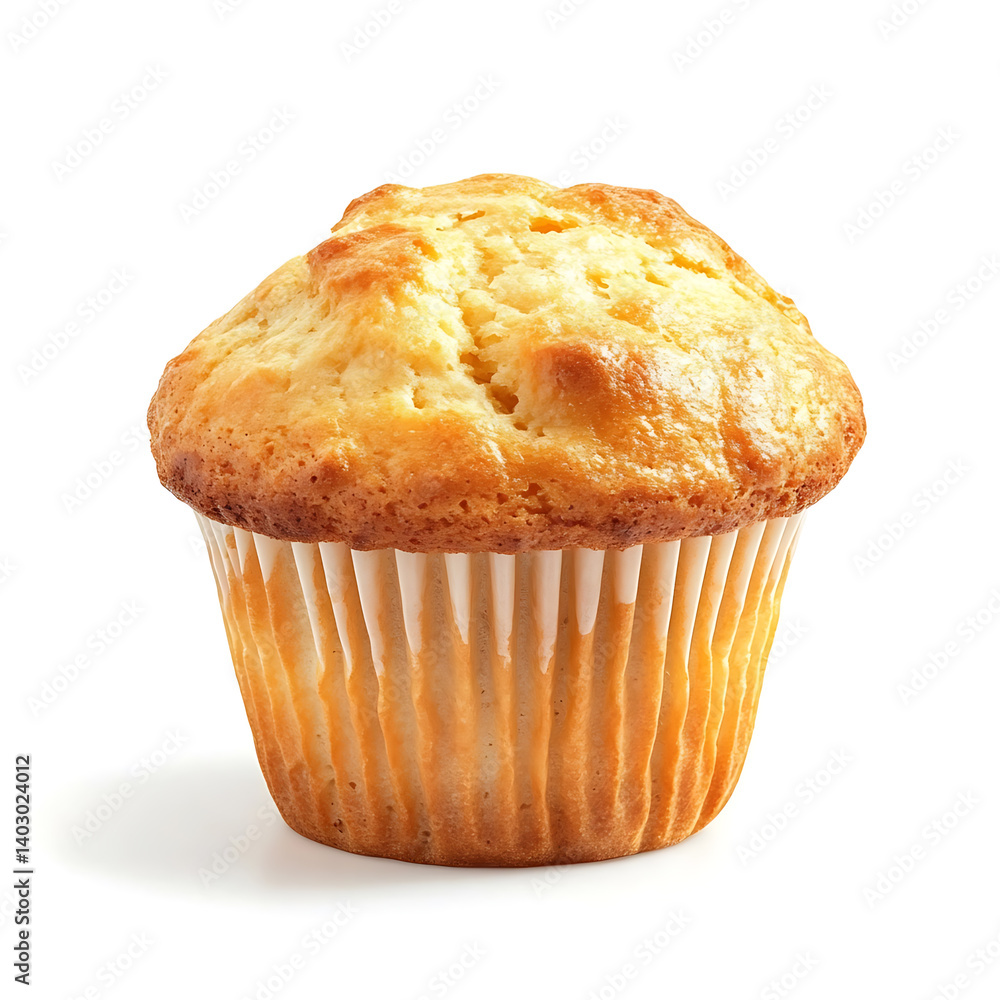 A soft golden brown muffin with a slightly cracked top and a fluffy texture, isolated white background, hyperrealism art style A soft golden brown muffin with a slightly cracked top and a fluffy texture, isolated white background, hyperrealism art style
