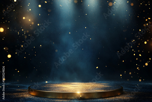 Golden platform magical dark blue background glittering light show