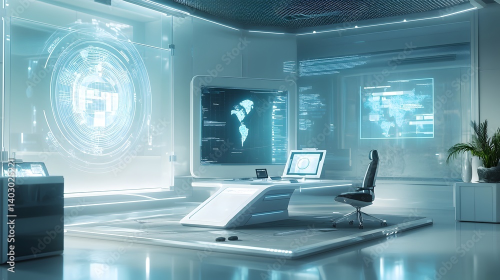 Futuristic command center with transparent displays, holographic interfaces, and advanced technology in a modern, minimalist office setting. Futuristic command center with transparent displays, holographic interfaces, and advanced technology in a modern, minimalist office setting.