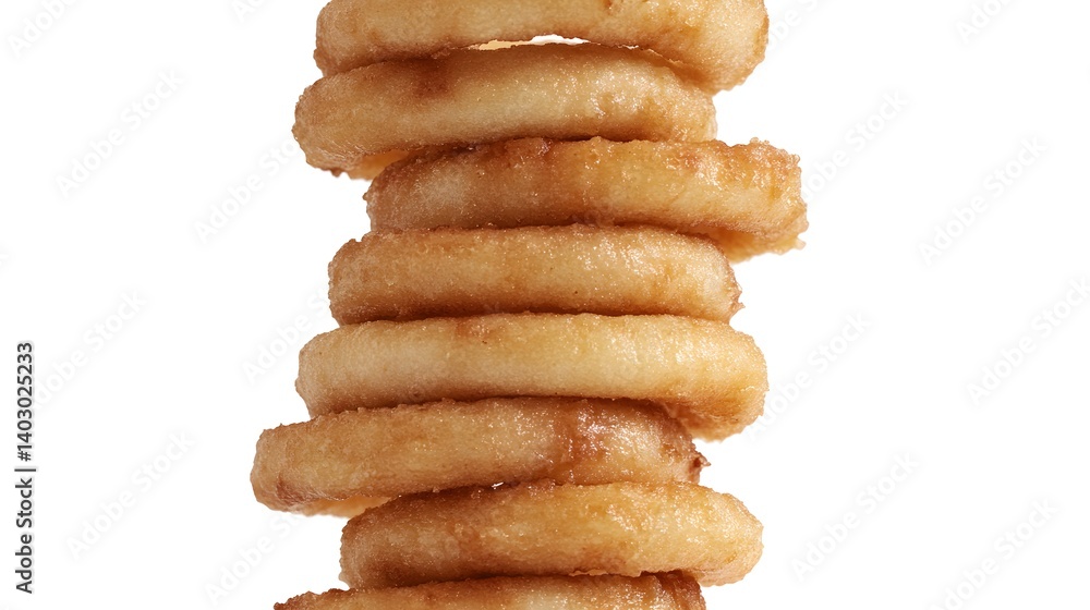 A stack of golden-brown onion rings, crispy and delicious, stands tall against a white background. Perfect for advertising or recipe blogs. A stack of golden-brown onion rings, crispy and delicious, stands tall against a white background. Perfect for advertising or recipe blogs.