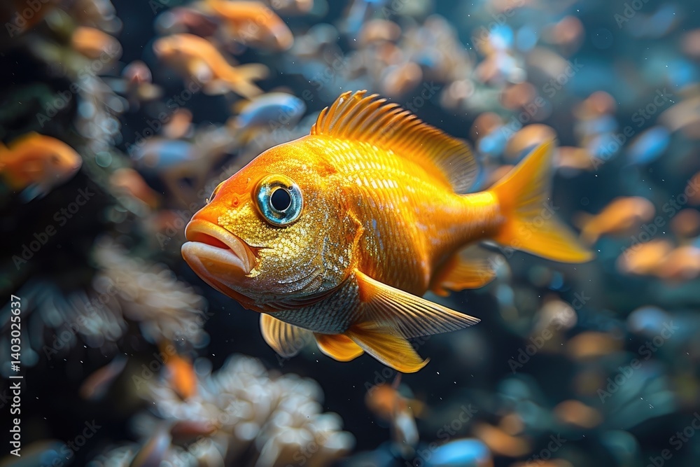 A golden fish swimming in a vibrant underwater ocean environment A golden fish swimming in a vibrant underwater ocean environment
