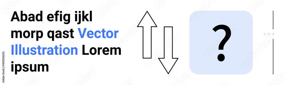 Vertical up and down arrows aligned beside a question mark inside a square block with placeholder text. Ideal for decision-making, navigation, options, uncertainty, guidance, FAQ, or simple landing Vertical up and down arrows aligned beside a question mark inside a square block with placeholder text. Ideal for decision-making, navigation, options, uncertainty, guidance, FAQ, or simple landing
