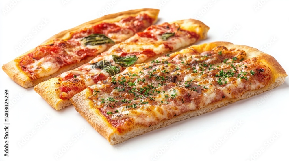 White background showcasing different flavorful Italian pizza slices. White background showcasing different flavorful Italian pizza slices.