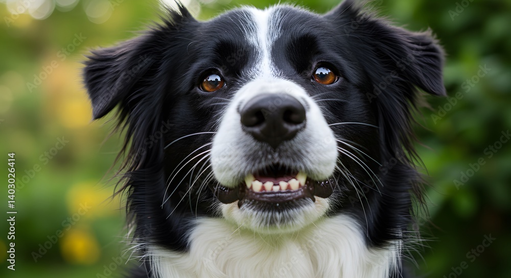 AI image providing an adorable close-up portrait of a black and white Border Collie dog looking attentively with a friendly expression. AI image providing an adorable close-up portrait of a black and white Border Collie dog looking attentively with a friendly expression.
