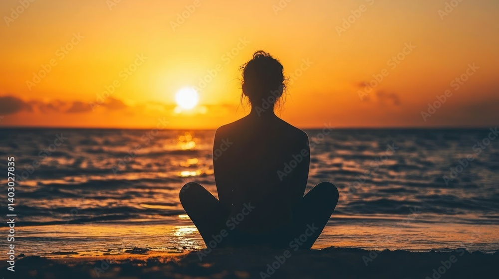 A woman meditating peacefully while watching a sunset over the ocean A woman meditating peacefully while watching a sunset over the ocean