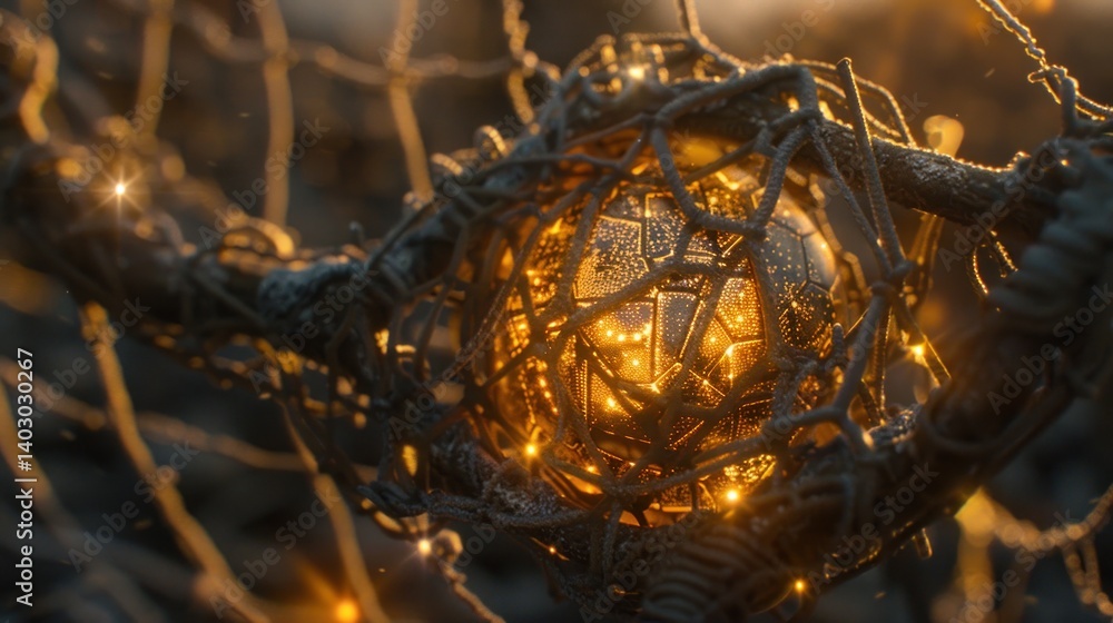 Glowing orb encased in intricate, metallic, thorny branches at sunset. Glowing orb encased in intricate, metallic, thorny branches at sunset.