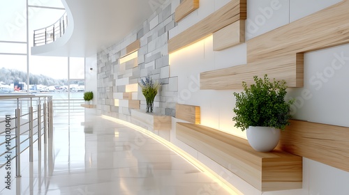Serene Interior with Glowing Curved Wall and Floating Wooden Panels