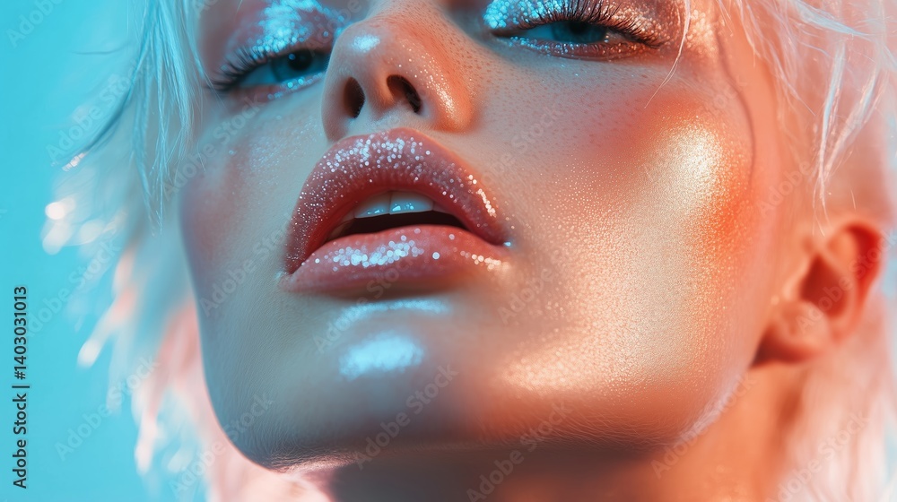 Close-up of a model showcasing glossy makeup and vibrant lighting in a studio setting during a creative photoshoot Close-up of a model showcasing glossy makeup and vibrant lighting in a studio setting during a creative photoshoot