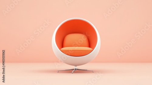 Stylish egg-shaped chair featuring vibrant orange upholstery and white exterior against a peach background, ideal for contemporary interiors