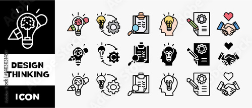 DESIGN THINKING icon set with various styles and colors  inspiration, empathy, ideation, implementation, prototyping, and testing