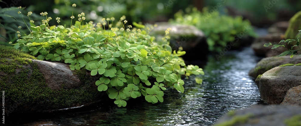 Lush greenery thrives beside a tranquil stream, rocks covered in moss Lush greenery thrives beside a tranquil stream, rocks covered in moss