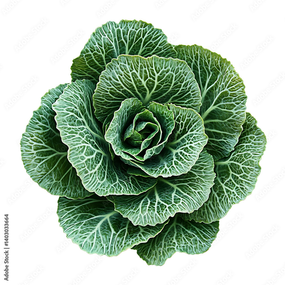 Fototapeta premium A vibrant green cabbage with layered leaves and crisp texture, isolated white background, hyperrealism art style