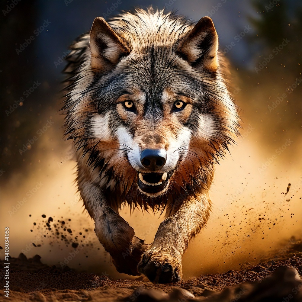 wolf running at the camera