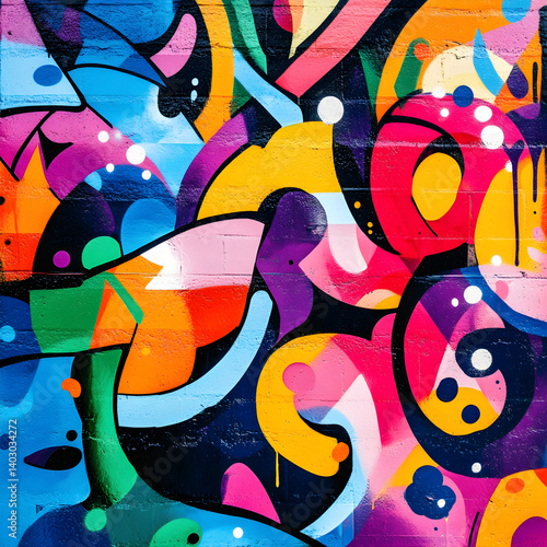Bright colorful graffiti wall art, high contrast, neon colors