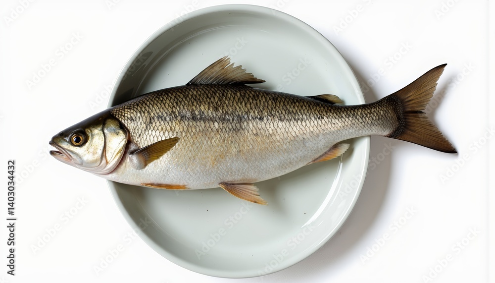 Fresh fish on a white plate against a minimalistic background Fresh fish on a white plate against a minimalistic background