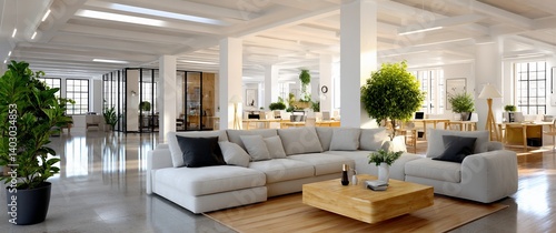Modern  bright office space with sectional sofa and plants