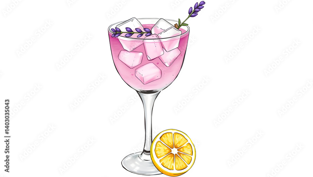 Pink cocktail with lavender and lemon.