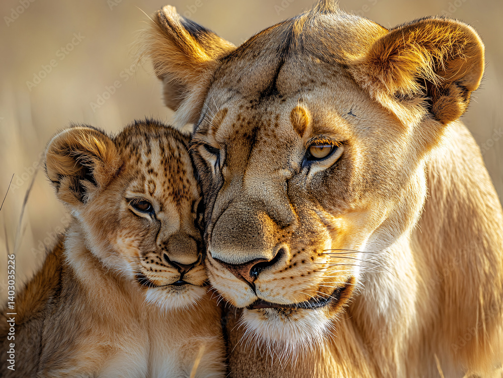 Obraz premium two lions, one adult and one cub, with the adult lion licking the cub's head. The scene is backlit by the sun, creating a warm and serene atmosphere.
