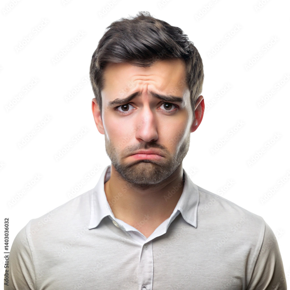 Young man expressing deep sadness with a thoughtful look, sitting in a casual outfit on a plain background Young man expressing deep sadness with a thoughtful look, sitting in a casual outfit on a plain background