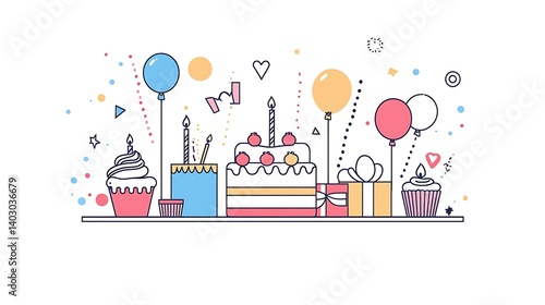Happy Birthday color flat line circle concept with text. Festive bright holiday party minimal elements balloon cupcake birthday cake with candles on white background. Greeting card vector illustration