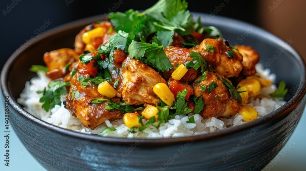 A vibrant bowl of succulent chicken, fluffy rice, and colorful vegetables topped with fresh cilantro, offering a delicious and nutritious meal for any occasion. A vibrant bowl of succulent chicken, fluffy rice, and colorful vegetables topped with fresh cilantro, offering a delicious and nutritious meal for any occasion.